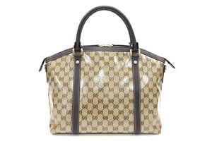 Gucci Crystal GG Leather Handbag Bag Canvas Beige Crossbody Shoulder